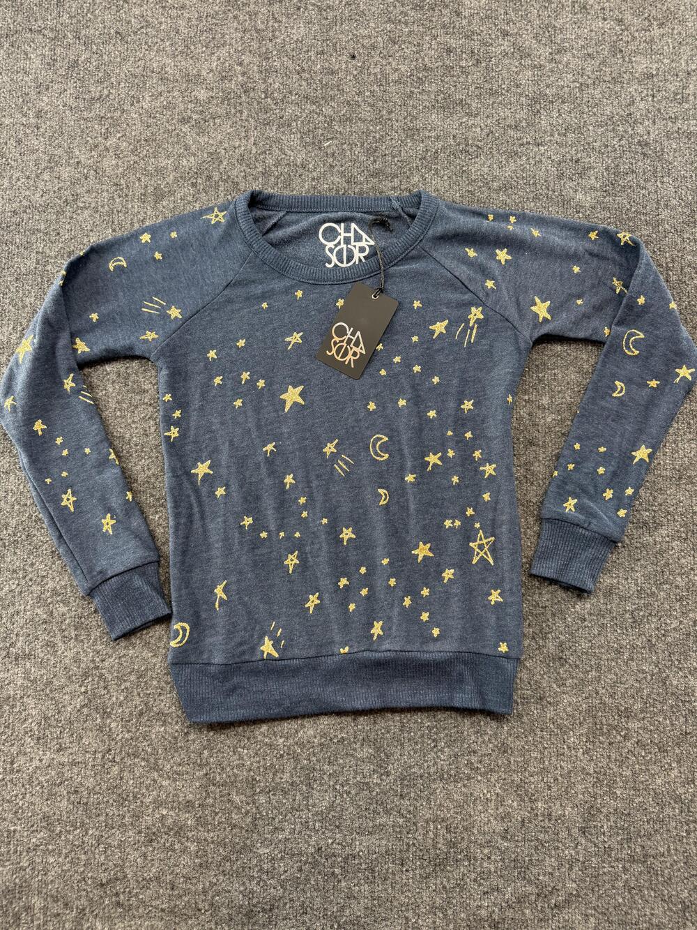 Chaser Sweater Womens XS Blue Star Print Celestial Glitter Pullover Knit Top